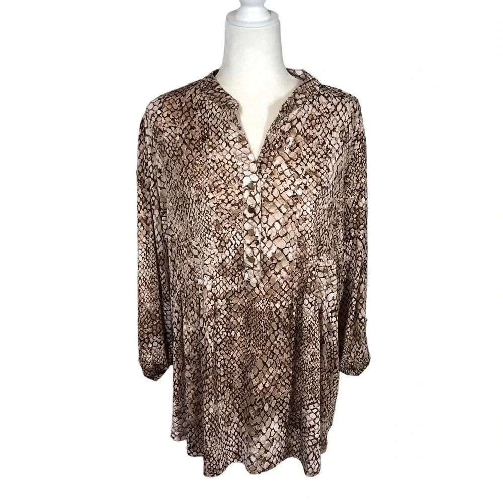 Established‎ 1962 Top Womens 2X Brown Babydoll Tunic Snakeskin Flowy Office Wear
